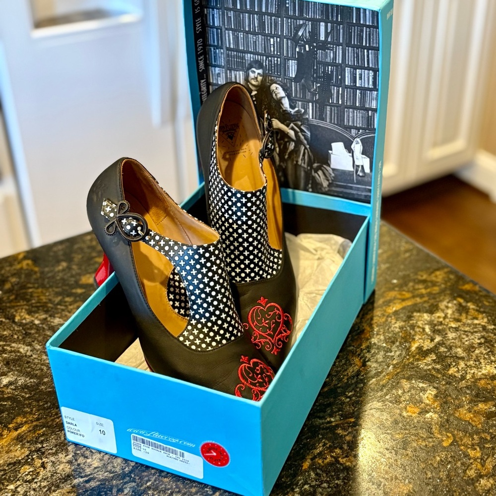 John Fluevog Black Heels with Red and White Accents - Picture 2 of 9